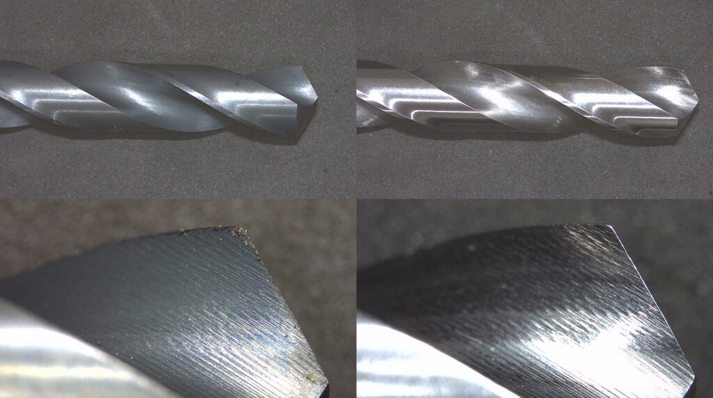 高速度鋼ドリル φ10 の研磨前後。上段：全体、下段：刃先拡大。左＝研磨前、右＝研磨後